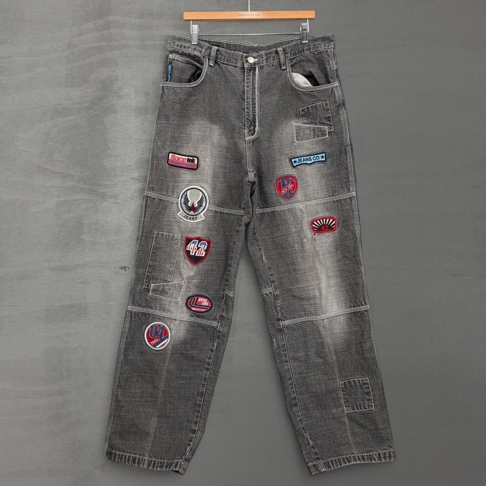 Y2K Enyce Baggy Wide Leg Jeans Black Multi Patch Streetwear Carpenter 36